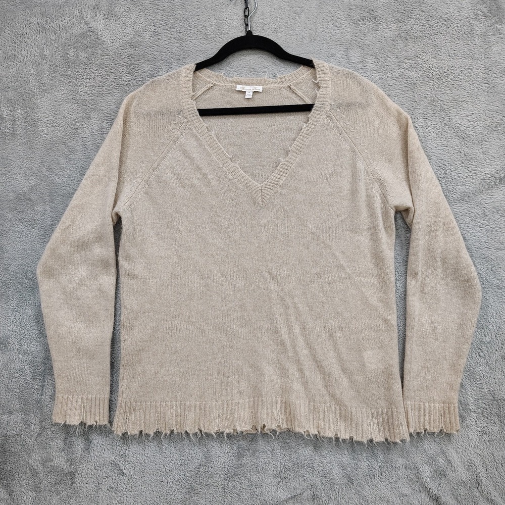 Minnie‎ Rose Cashmere Frayed Edge V Neck Sweater Size Medium Beige Minimal
